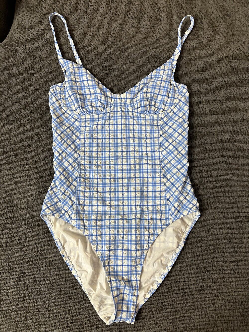 Tory Burch Check Plaid Gingham Swimsuit size M Underwire Blue White Seersucker